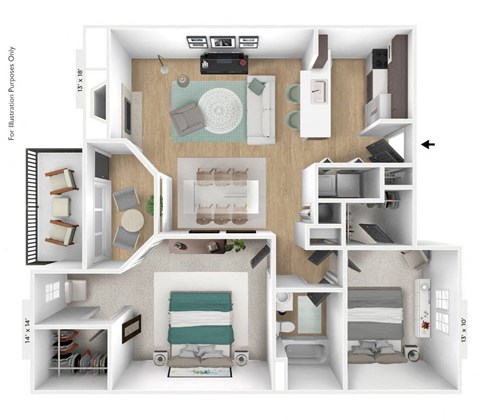 Floor plan for 2 beds, 1 bath, 1046 sqft